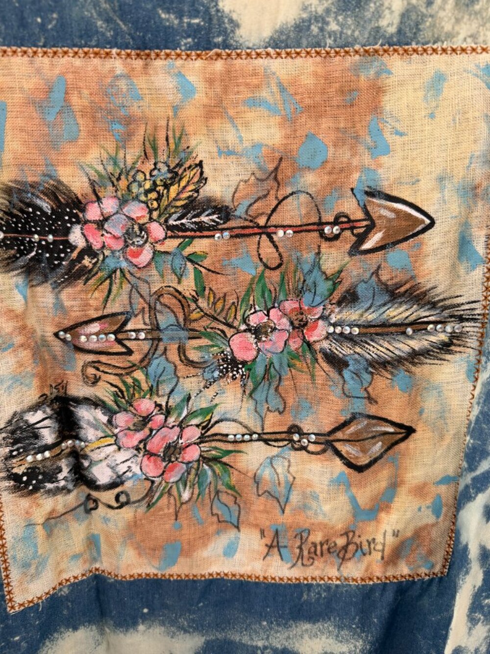 A RARE BIRD BLEACH OUT PATCH BACK RHINESTONE TRIM DENIM SHIRT - Picture 8 of 12